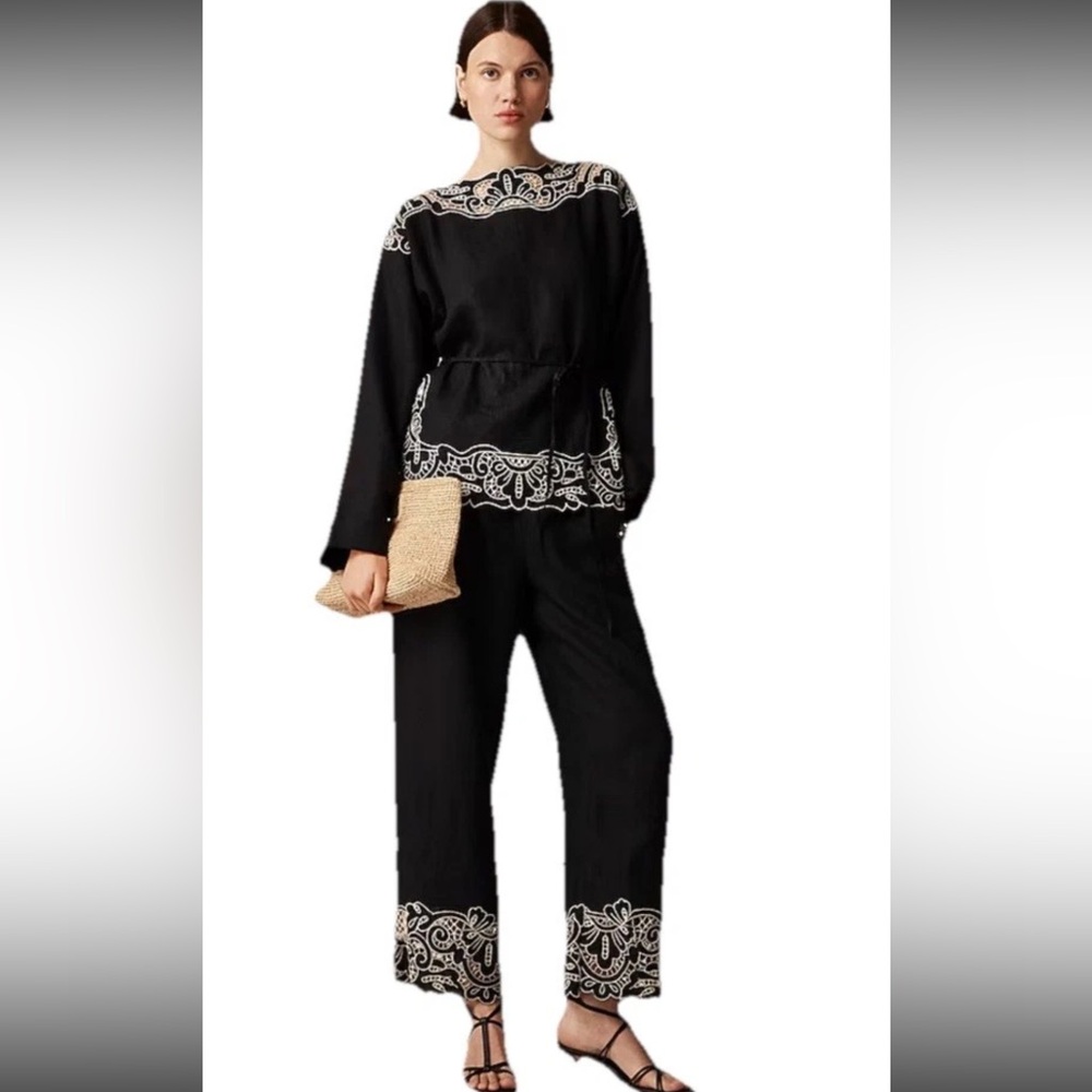 J. Crew Black & beige New Soleil Embroidered Linen Pants SMALL New